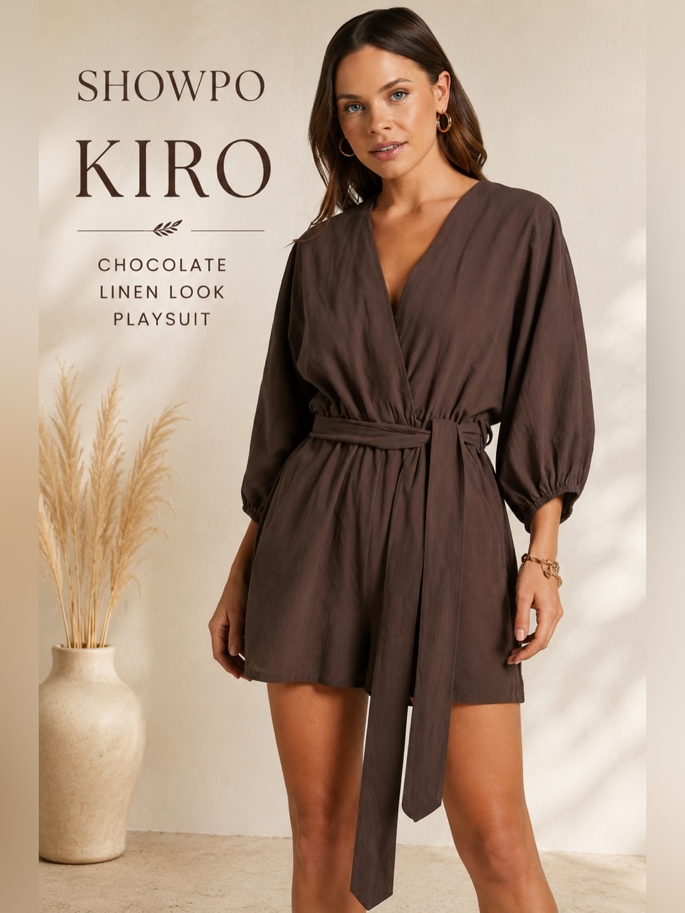 Showpo. Kiro Chocolate Linen Look V Neck Puff Sleeve Tie Waist Playsuit US 12